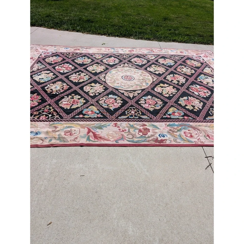 Antique  Aubusson Style Needlepoint Floral  Rug Carpet 13.6 X 9.9 Feet. Estate